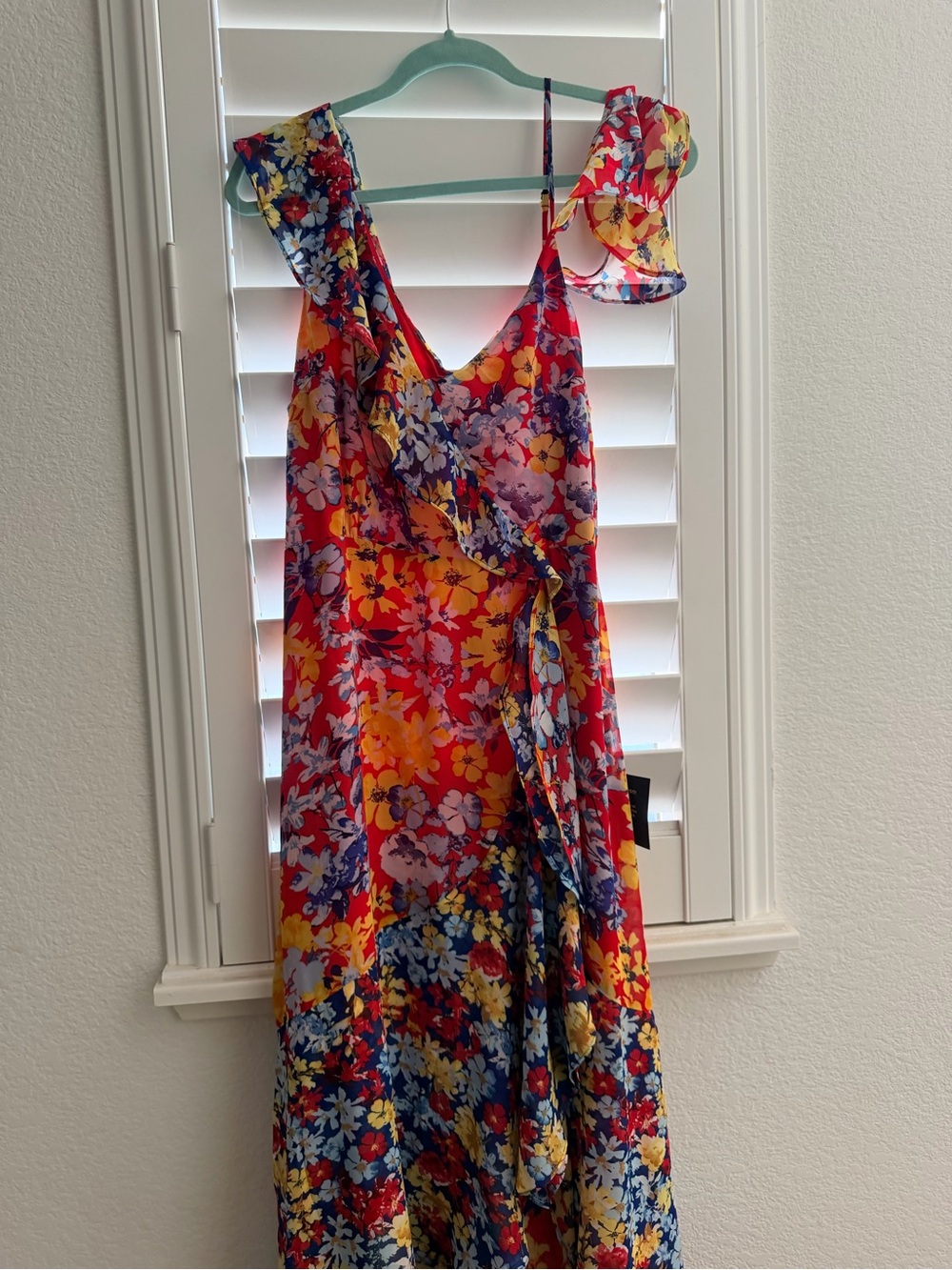 Lulu's Red Floral Wrap Dress with Yellow & Blue Blooms - Picture 7 of 8